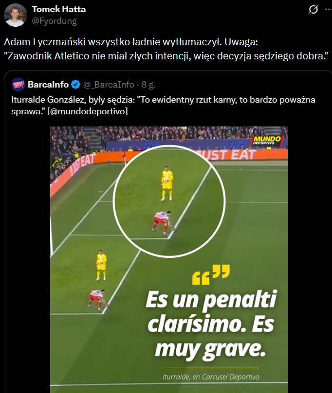 Tak sytuację z meczu Atletico - Barca SKOMENTOWAŁ Adam Lyczmański xD